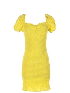 Papaya Yellow Smocked Milkmaid Mini Dress Puff Sleeve Off Shoulder Flounce Hem
